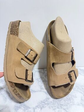 BioNatura Licata Coffee tan leather double strap buckle cork casual sandals 10